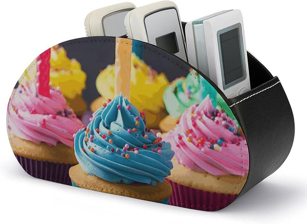 JTREHY Colorful Happy Birthday Cupcakes Remote Control Holder with 5 Compartments Pu Leather