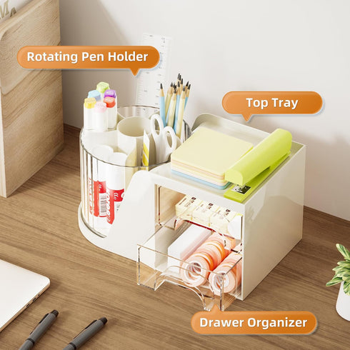 Marbrasse Desk Organizer with 2 Drawers, 360° Rotating Pen Holder, 6 Slots Pencil Organizer for Office (Beige)
