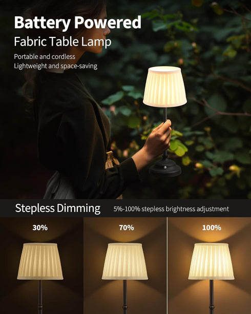 4000mAh Dimmable KDG Cordless LED Table Lamp, Portables Fabric Shade Desk Lamps, Rechargeable Battery Powered Lighting
