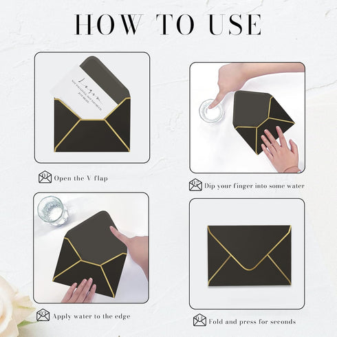 Black 5x7 Envelopes 50 Pcs, Goefun A7 V-Flap Envelopes with Gold Border for Baby Shower, Graduation, Announcements