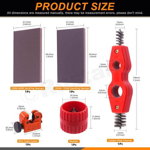 5Pcs Copper Pipe Cleaner Tube Reamer Cutter and Sanding Sponges Set Includes 4 In 1 Copper Pipe Brush, Reamer, Sanding Sponges, Tubing Cutter for PVC PPR Copper Brass Aluminum Pipes