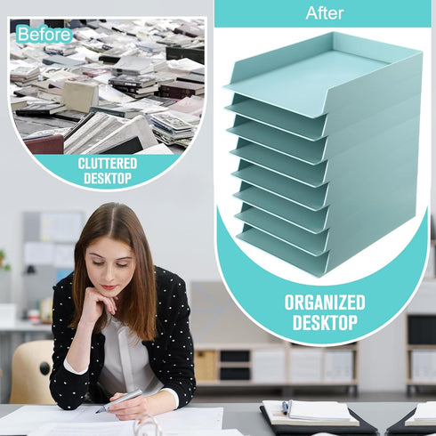 Tatuo 8 Pack Stackable Plastic Paper Trays, Desk Organizer for Classroom, Magazine File, and Documents (Blue Green)