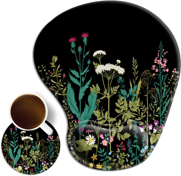 Ergonomic Mouse Pad with Wrist Rest Support Gel, Cute Non-Slip Pad, Garden Flowers Design