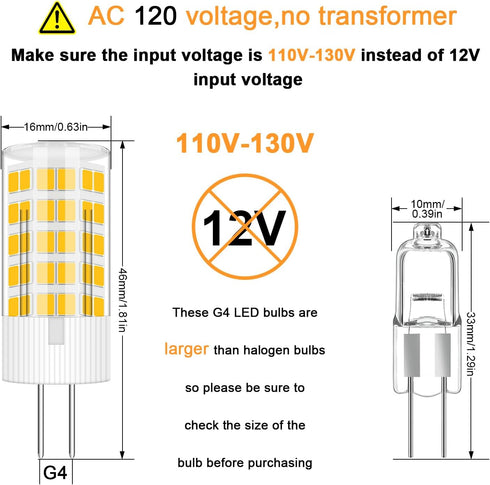 ZHENMING G4 LED Bulbs, 110V-130V, G4 Bi-Pin Base Spotlight Lighting, Dimmable 5W Warm White 3000K, Pack of 4