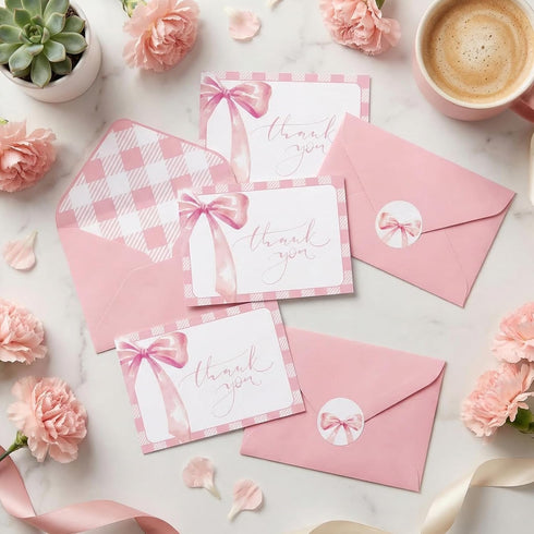 xieketn 36 Pcs Pink Thank You Cards with Envelopes Stickers, Coquette Bow Baby Shower Thank You Cards, Watercolor Cards