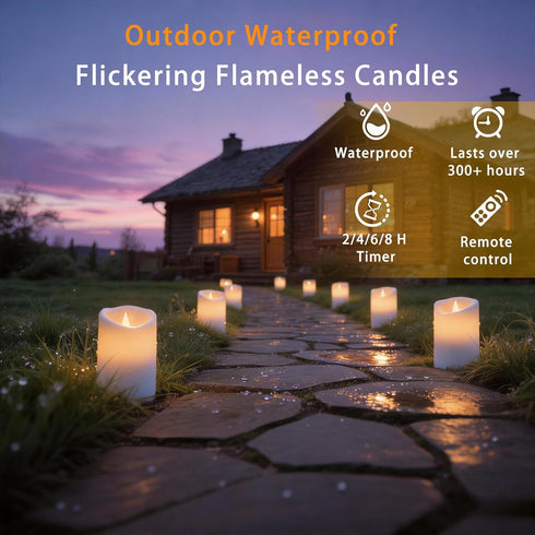 Haown 3D Set 3 Outdoor Flameless Candles, Patented Dual-LED, of Slanted Resin Pillars with Remote, Crisp White