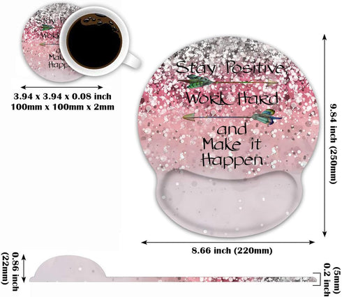 Ergonomic Mouse Pad Wrist Support Set, Pink Glitter Inspirational Quote Wrist Rest Pad with Coasters for Home Office