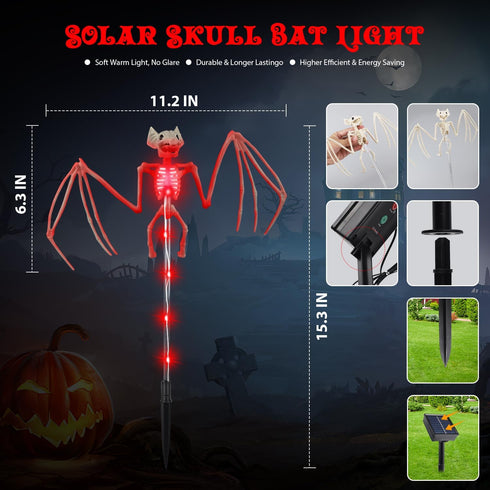 BeHiller 2PCS Set Decorations,3D of Solar Garden Lights Outdoor for Halloween RED Scary Bat Realistic Skeleton Decor