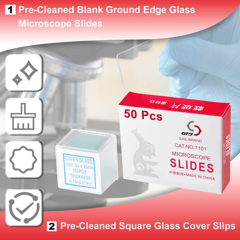Microscope Slides Clear Glass 50 Pcs Pre-Cleaned Blank 1" x 3" with 100pcs Pre-Cleaned 20mm x 20mm Cover Slips