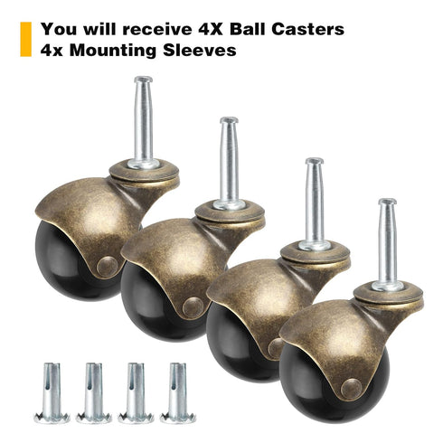 2" Ball Caster Wheels, Set of 4 Brass Vintage Antique Casters 5/16" x 1 1/2" (8 x 38mm) for Furniture, Chairs, Cabinets