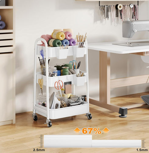 Osivaex 3 Tier Rolling Cart Metal with Wheels, Heavy Duty White Three Tiered Craft Cart Organizer on Wheels, Utility