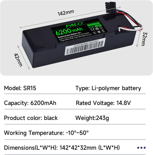 14.8V 6200mAh Replacement Battery for Wyze WVCR200S Robot Vacuum, for Xiaomi Mop Pro, Conga 3290, Haier JX37