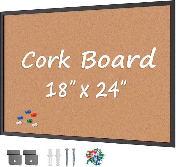Board2by Cork Board Bulletin Board 24“ x 18”, Black Wood Framed Corkboard for School, Home & Office with 16 Push Pins.