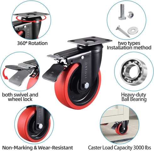 Heavy Duty TPR Rubber Wheels, 5 Inch Locking Caster Wheels Set of 4, 3000Lbs Load Capacity for Industrial Carts