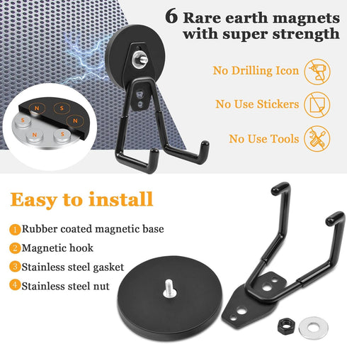 Strong Heavy Duty Magnetic Hooks, 2.59" (66 mm) Garage Magnet Hooks with Anti-Slip Coating, 2 Pcs