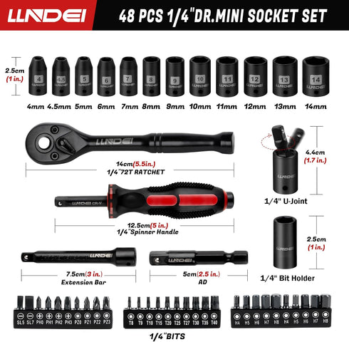 48 1/4 Inch Set, (4-14mm) 6-Point,with 72 Set, 3 Inch LLNDEI Piece Mini Socket Ratchet Wrench Metric Shallow Socket