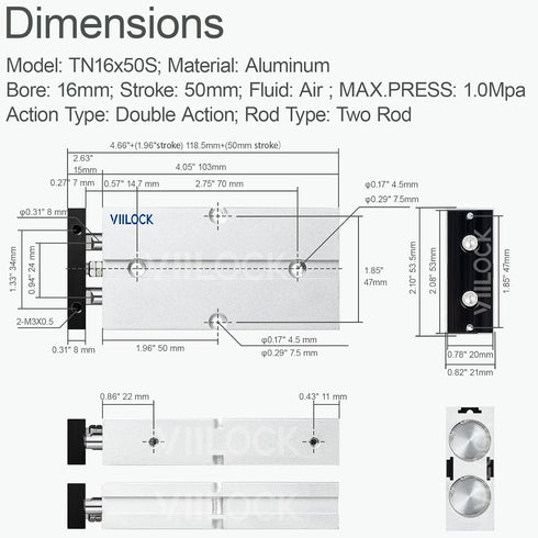 Pneumatic Air Cylinder: 16mm Bore 50mm Stroke, Small Double Rod Double Action TN16x50