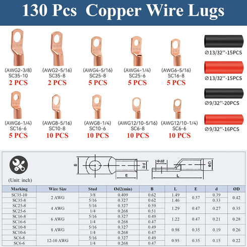 130Pcs, 2 4 6 8 10 12 66Pcs Set, 64Pcs PEASUG Copper Wire Lugs AWG Gauge Battery Cable Ends with Heat Shrink Tubing
