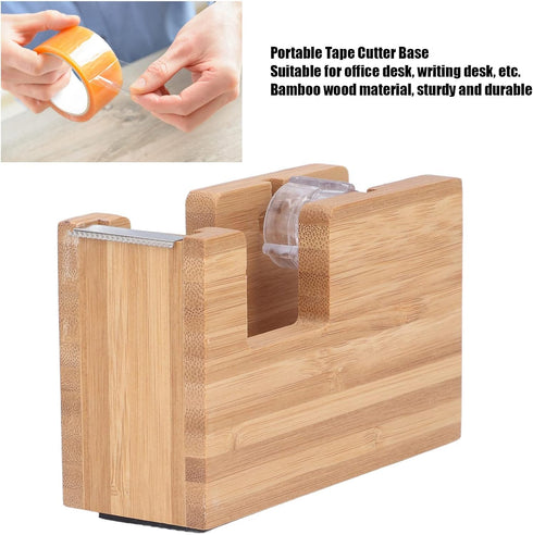 Pssopp Desktop Tape Dispenser, Mini Bamboo Wood Tape Cutter Holder, Adhesive Roll Base Stationery Tool