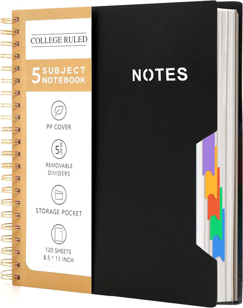 CAGIE 5 Subject College Ruled Notebook, 8.5'' x 11'' Hardcover with 5 Removable Colored Dividers, 240 Pages