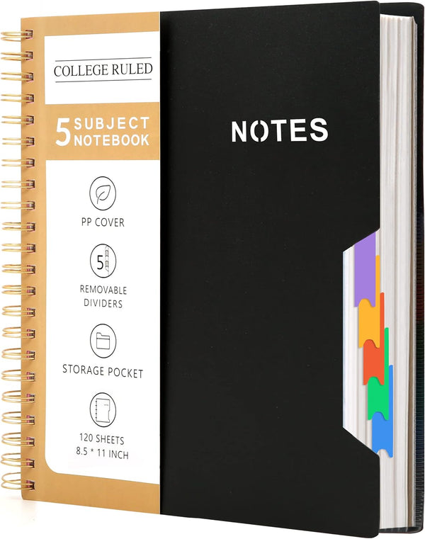 CAGIE 5 Subject College Ruled Notebook, 8.5'' x 11'' Hardcover with 5 Removable Colored Dividers, 240 Pages