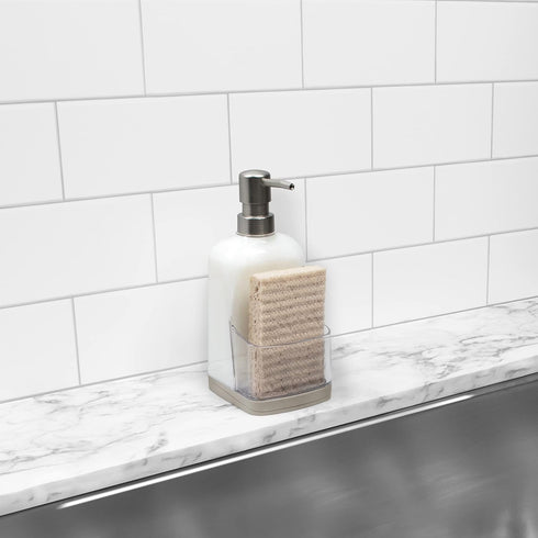 Spectrum Cora Kitchen Soap Dispenser with Sponge Holder for Kitchen Sink Organization, Easy to Clean Soap Pump Sponge