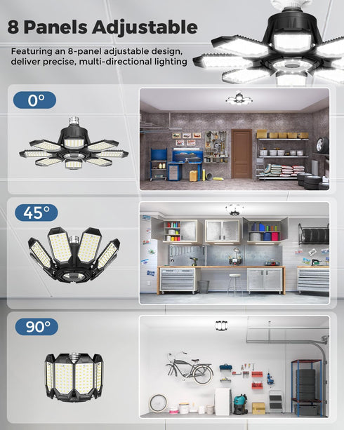 14000Lm 8 Bulb E26 Bulbs Adiding LED Garage Ceiling Lights w/ Adjustable Panels, Super Bright Deformable Basement Light