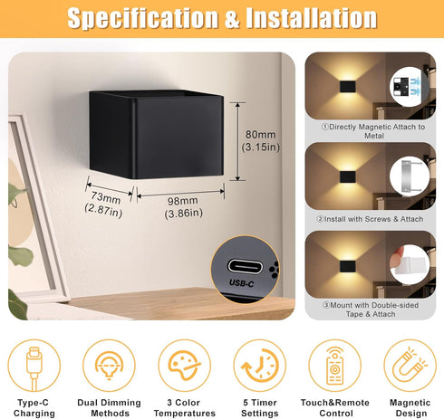 Yochoice 6000mAh 3 2-Pack Motion Sensor Wall Sconces with Remote Control, Black Wireless Touch Control Rechargeable