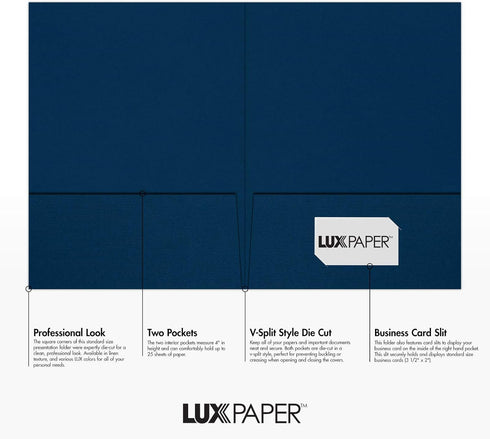 LUXPaper 9" x 12" Presentation Folders, Two Pocket, Nautical Blue Linen, 100lb Cover, 25 Qty