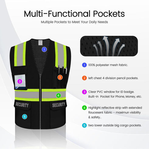Security Vest for Security Guard, Safety Vest with Pockets, Reflective Work Wear with Zipper, High Visibility apparel