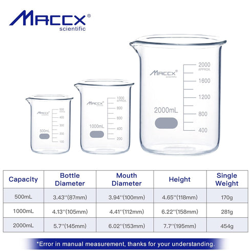 Sturdy Glass Beakers, 3 Sizes of 500ml, 1000ml, 2000ml, 3.3 Borosilicate Griffin Low Form with Printed Graduation