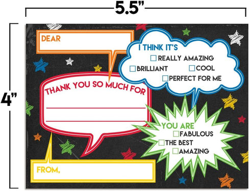 Chalkboard Speech Bubble Birthday Thank You Notes for Kids, Ten 4" x 5.5" Fill In The Blank Cards with Envelopes