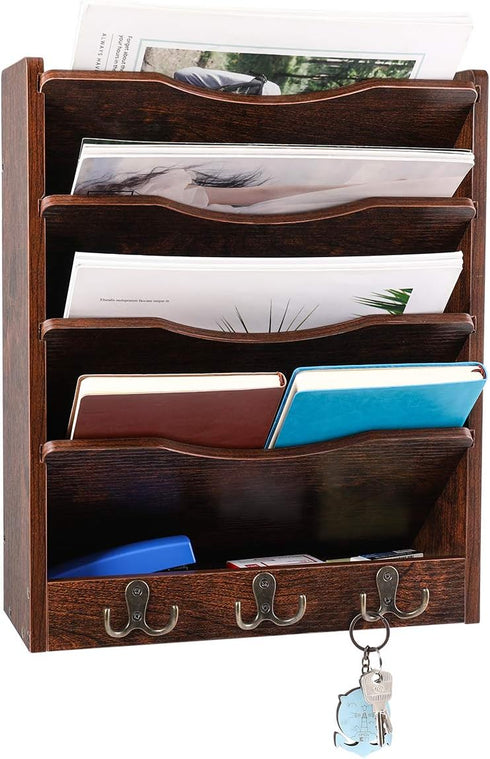PAG 5-Tier Wall File Holder with 6 Hooks, Brown Wood Hanging Mail Organizer Magazine Literature Rack