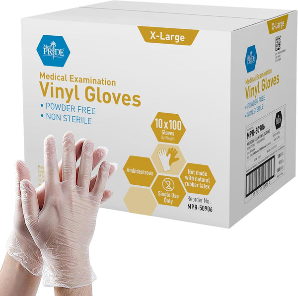 MED PRIDE Medical Vinyl Examination Gloves, X-Large, 1000-Count, Latex & Rubber Free, Clear Disposable Powder-Free