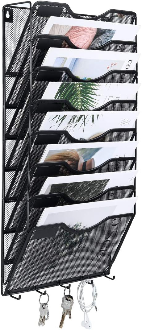 EasyPAG 8 Pocket Hanging File Organizer, Wall Mount File Holder with 5 Key Hook for Office and Classroom, Black