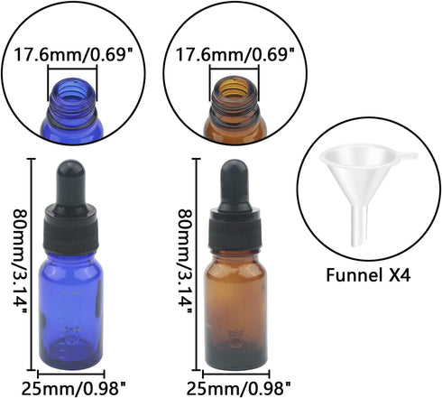 20-Pack 10 ml (1/3 oz) Glass Dropper Bottle Amber and Blue Glass Bottles Set with Glass Dropper for Essential Oils, Small Sample Bottle Container