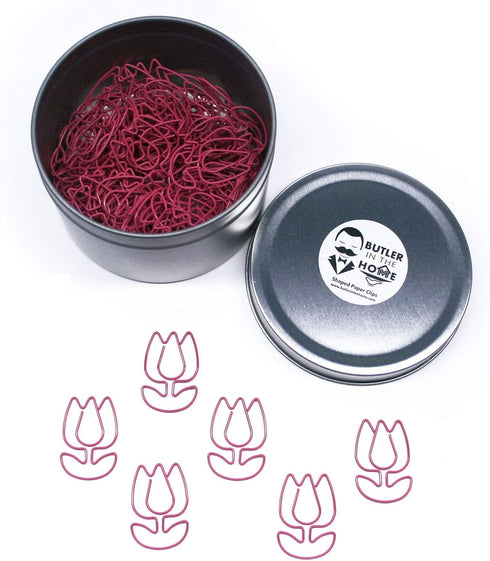 Tulip Flower Shaped Paper Clips, 100 Count Pink, Great for Collectors or Office Gift in Round Tin