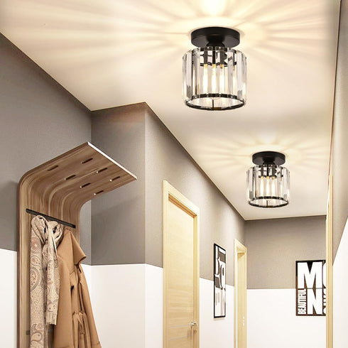 Crystal Ceiling Light Fixture, Modern Semi Flush Mount Chandelier, Black Close to Ceiling Lamp for Hallway, Kitchen