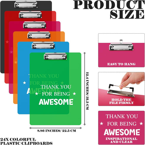 Back to School Gifts Plastic Clipboards Bulk, Thank You for Being Awesome Appreciation Gifts for Teacher (24 Pcs)