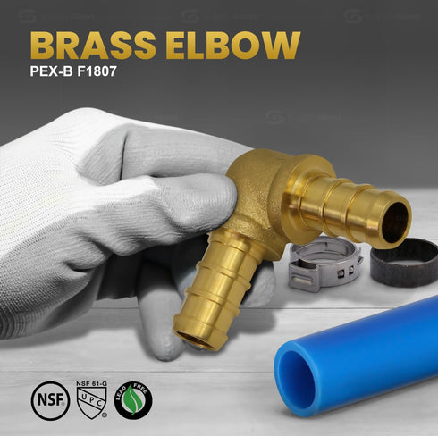 Supply Giant QYMO0038-10 PEX 90 Degree Elbow Barb Pipe Fitting, 3/8 Inch, Brass