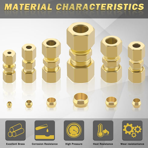 46pcs Brass Compression Tube Pipe Fittings Assortment Kit, 1/8" to 1/2" OD Compression Union Connector & Sleeves