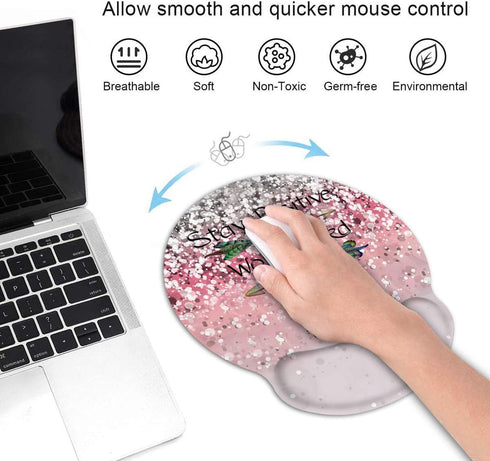 Ergonomic Mouse Pad Wrist Support Set, Pink Glitter Inspirational Quote Wrist Rest Pad with Coasters for Home Office