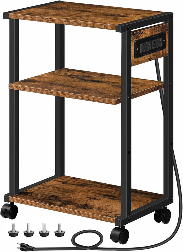 HOOBRO 3-Tier Industrial Printer Stand with Charging Station, Rolling Printer Cart, Adjustable Shelf and Hook, Rustic