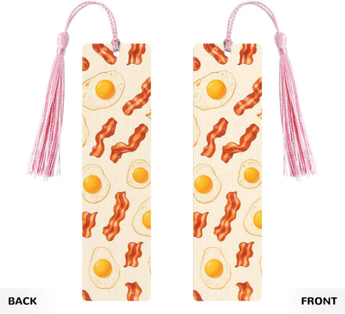 ZEYARUIBO Fried Egg & Bacon Wood Bookmark Vintage Fun Cartoon Patterns with Tassels Suitable for Book Lovers