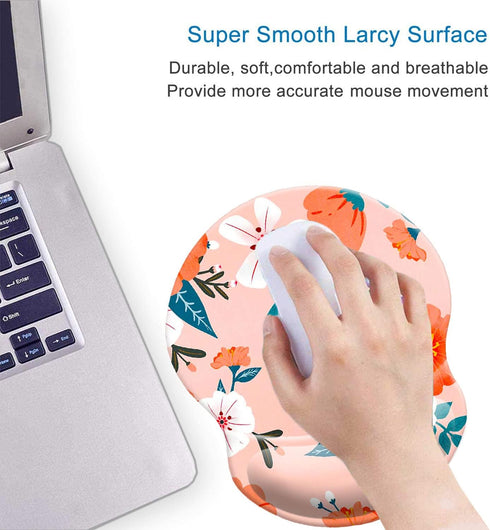 Ergonomic Design Mouse Pad with Wrist Rest Support, Cute Non-Slip PU Base Pain Relief Mousepad (Wrist Flowers Pink A)