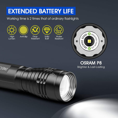 RECHOO High-Powered LED Flashlight S2000, Upgraded Powerful 2000 High Lumens Flashlights with 3 Modes, Zoomable, Water Resistant Flash Light for Home, Camping, Emergency, Hiking, Outdoor by RECHOO