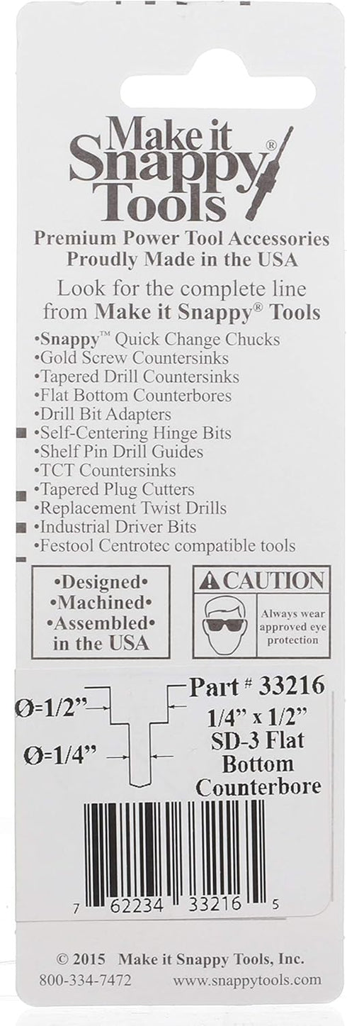 Make it Snappy Tools 1/4 Inch x 1/2 Inch 3-Flute Flat Bottom Counterbore with TiN Coated Twist Drill #33216