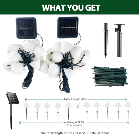 OZS 2PK 32LED 55FT 8 Mushroom Solar Garden Lights Outdoor, Solar String Lights Waterproof with Lighting Modes, Solar