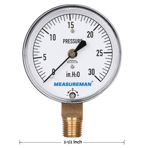 MEASUREMAN Diaphragm Type Capsule Low Pressure Gauge 2-1/2" Dial, 1/4" NPT Lower Mount, Adjustable, 0-30 in H2O