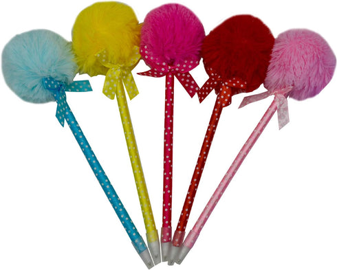 Maydahui 12 PCS Cute Kawaii Pom Pom Ballpoint Pens, Fluffy Ball Pens with Bowknot Polka Dot Blue Gel Ink for School
